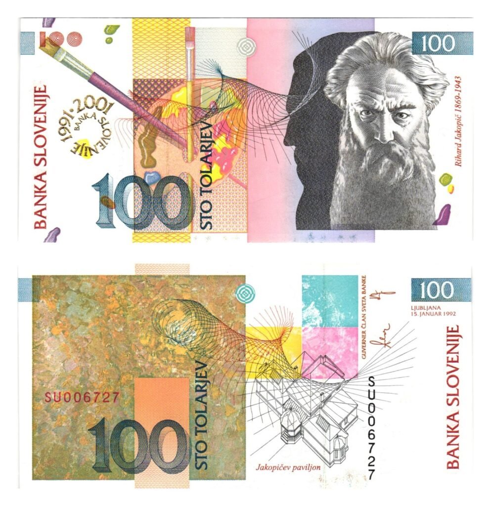 SLOVENIA 100 tolarjev 1992 / Overprint BANKA SLOVENIJE 1991-2001 / UNC