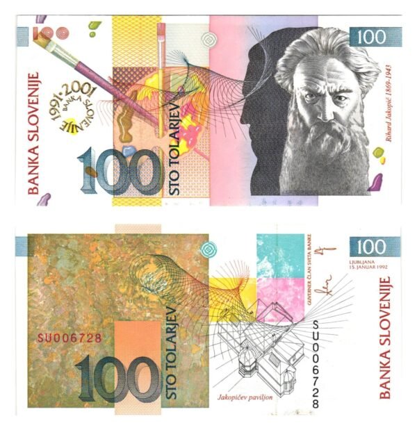 SLOVENIA 100 tolarjev 1992 / Overprint BANKA SLOVENIJE 1991-2001 / UNC