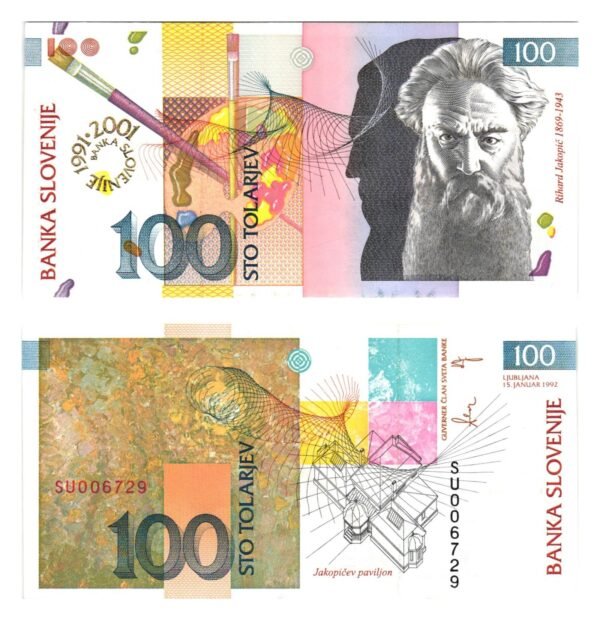 SLOVENIA 100 tolarjev 1992 / Overprint BANKA SLOVENIJE 1991-2001 / UNC