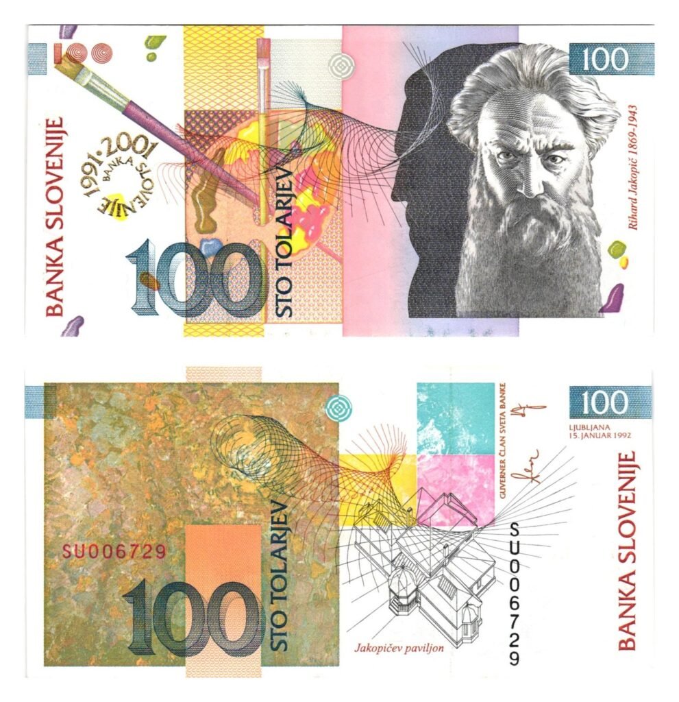 SLOVENIA 100 tolarjev 1992 / Overprint BANKA SLOVENIJE 1991-2001 / UNC