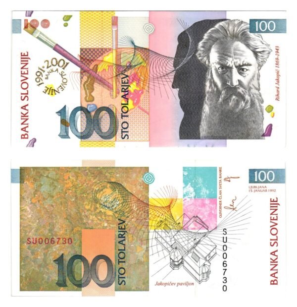 SLOVENIA 100 tolarjev 1992 / Overprint BANKA SLOVENIJE 1991-2001 / UNC