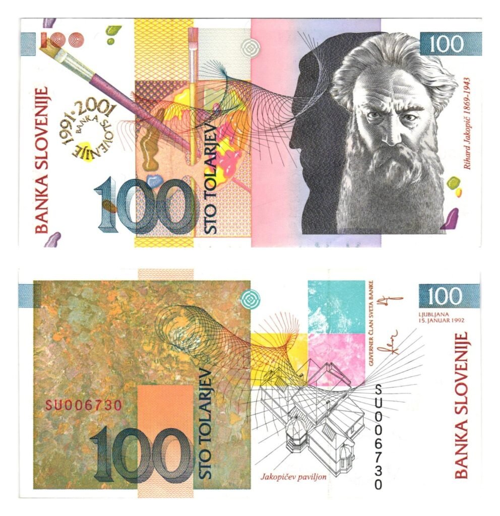 SLOVENIA 100 tolarjev 1992 / Overprint BANKA SLOVENIJE 1991-2001 / UNC