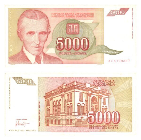 YUGOSLAVIA 5000 dinara 1993 / Nikola Tesla / XF-