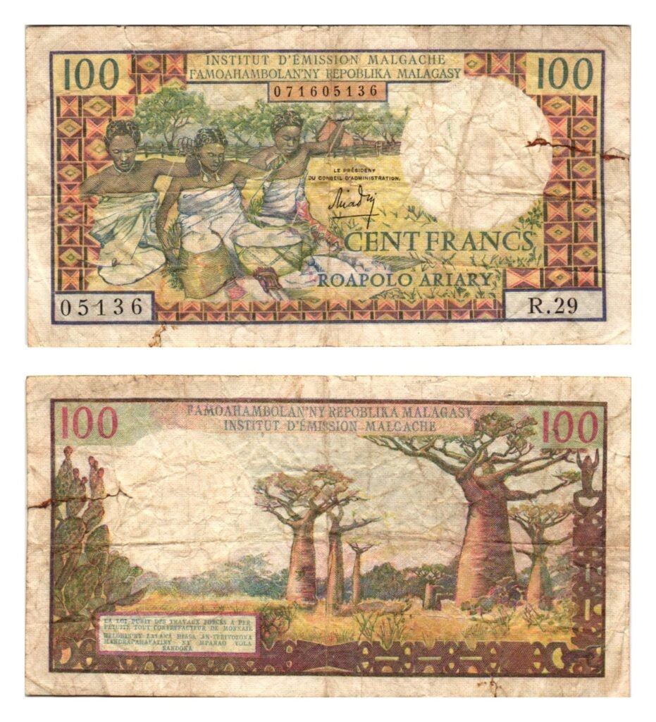 MADAGASCAR 100 francs ND(1964-1970) 	 / glued tear / VG