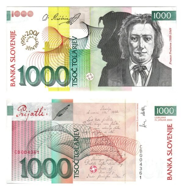 SLOVENIA 1000 tolarjev 2000 / Overprint BANKA SLOVENIJE 1991-2001 / UNC