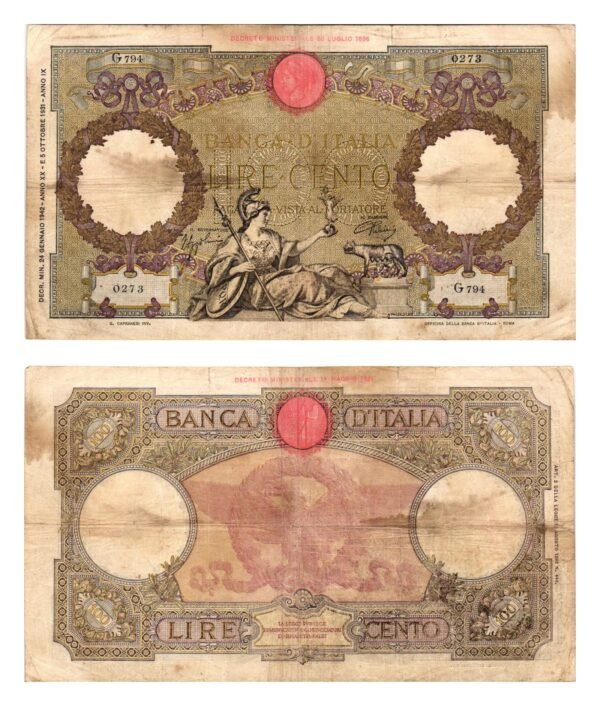 ITALY 100 lire 1942 / Date 24.01.1942 / VF-