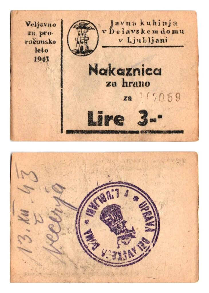 SLOVENIA 3 lire 1943 / WWII issue / Public kitchen in the Workers’ Home in Ljubljana / food coupon / VF