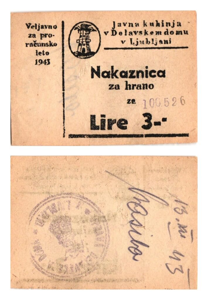 SLOVENIA 3 lire 1943 / WWII issue / Public kitchen in the Workers’ Home in Ljubljana / food coupon / VF