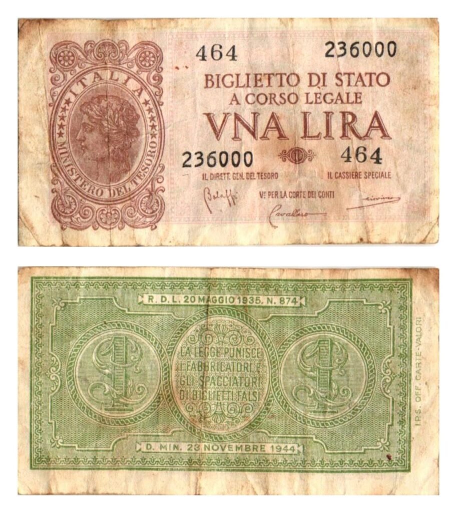 ITALY 1 lira 1944 / WWII issue / VF-