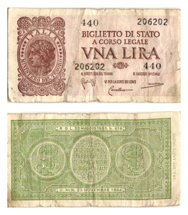 ITALY 1 lira 1944 / WWII issue / VF-