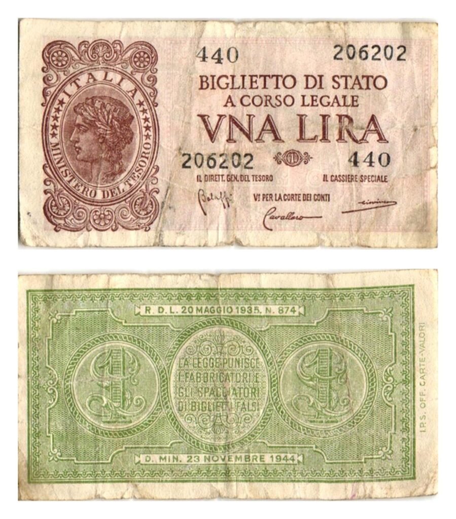 ITALY 1 lira 1944 / WWII issue / VF-