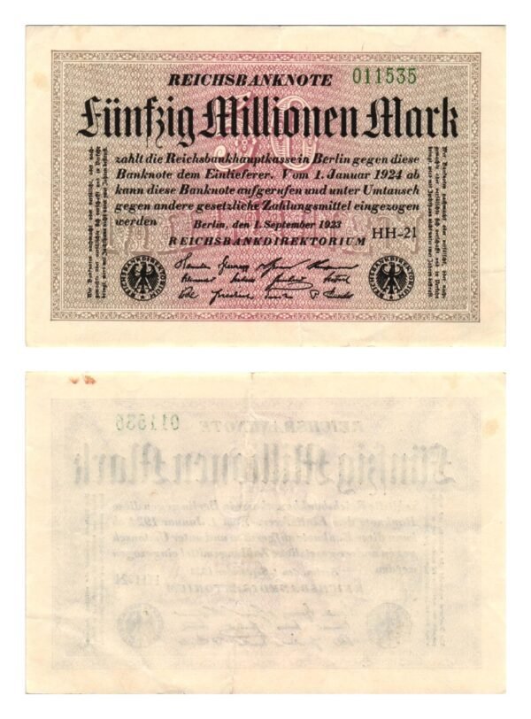 GERMANY 50 million mark 1923 / Weimar Republic / VF+