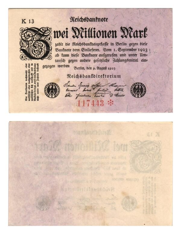 GERMANY 2 million mark 1923 / Weimar Republic / VF+