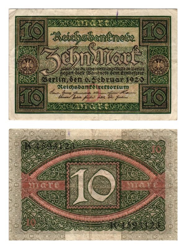 GERMANY 10 mark 1920 / Weimar Republic / VF-