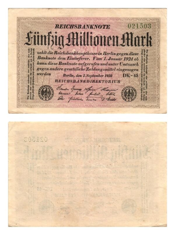GERMANY 50 million mark 1923 / Weimar Republic / VF
