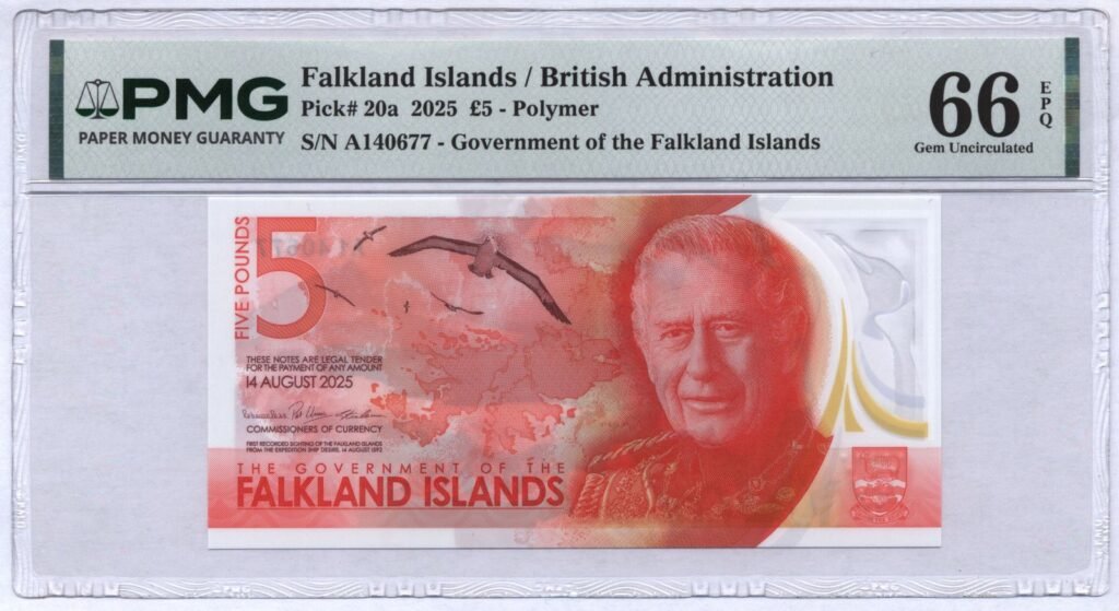 FALKLAND ISLANDS 5 pounds 2025 / king Charles III / polymer plastic / PMG 66 EPQ