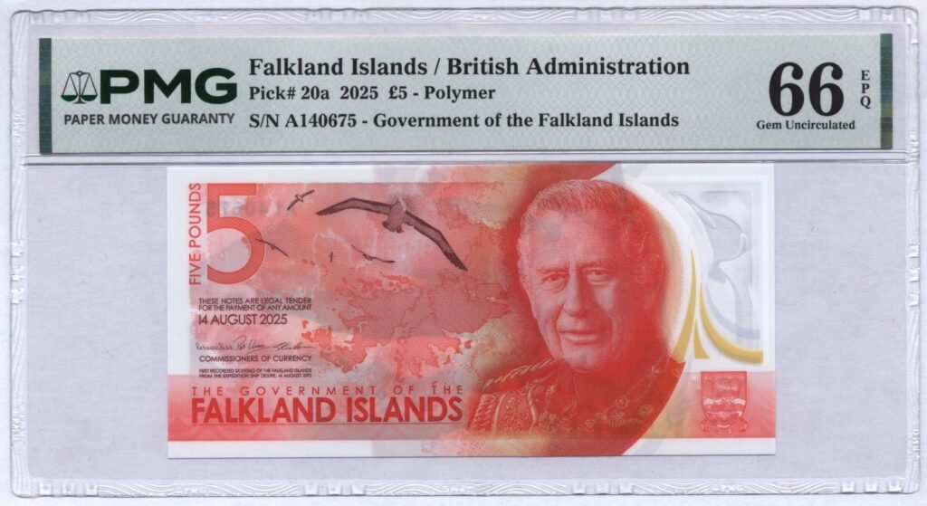 FALKLAND ISLANDS 5 pounds 2025 / king Charles III / polymer plastic / PMG 66 EPQ
