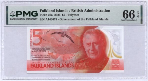FALKLAND ISLANDS 5 pounds 2025 / king Charles III / polymer plastic / PMG 66 EPQ