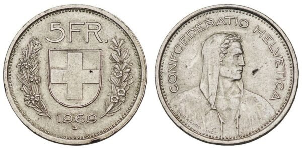 SWITZERLAND 5 francs 1969 / Silver / XF