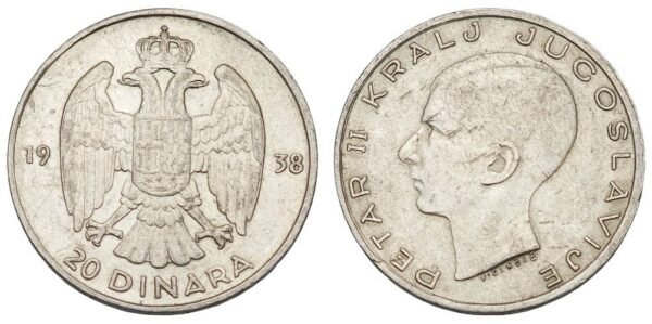 YUGOSLAVIA 20 dinara 1938 / Position B / Silver / VF