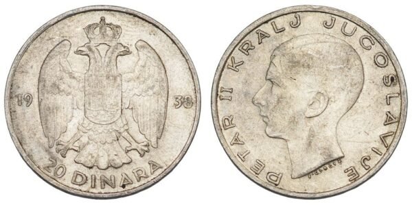 YUGOSLAVIA 20 dinara 1938 / Position B / Silver / VF