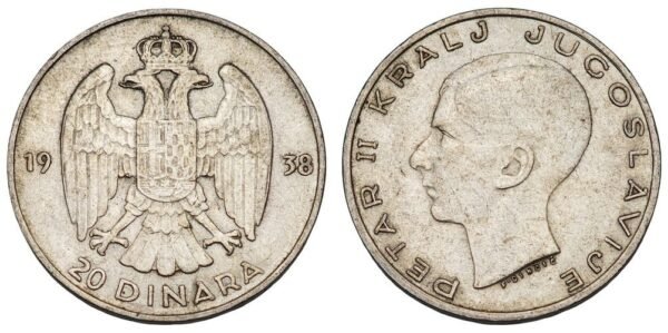 YUGOSLAVIA 20 dinara 1938 / Position B / Silver / VF