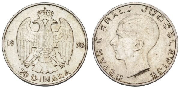 YUGOSLAVIA 20 dinara 1938 / Position B / Silver / VF