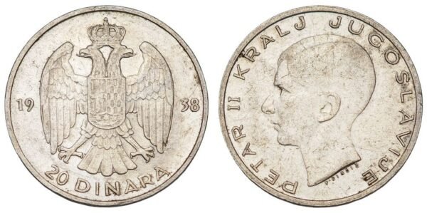 YUGOSLAVIA 20 dinara 1938 / Position B / Silver / VF