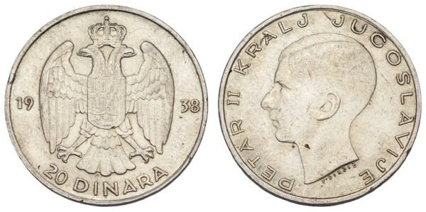 YUGOSLAVIA 20 dinara 1938 / Position B / Silver / VF