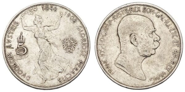 AUSTRIA 5 coronae 1908 / 60th Anniversary of the Reign of Franz Joseph I / Silver / VF