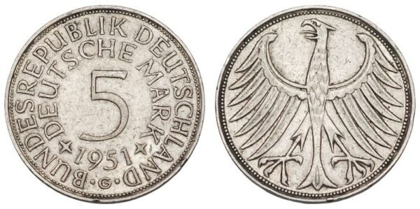GERMANY 5 mark 1951G / Silver / VF