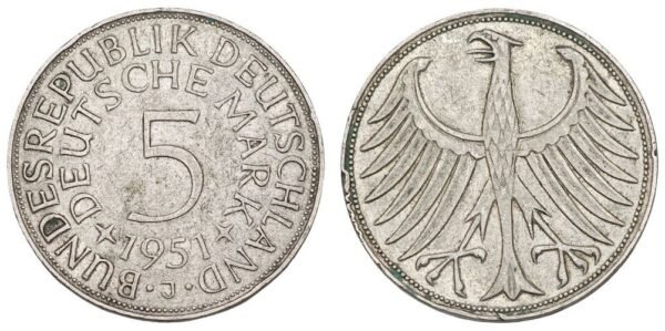 GERMANY 5 mark 1951J / Silver / VF