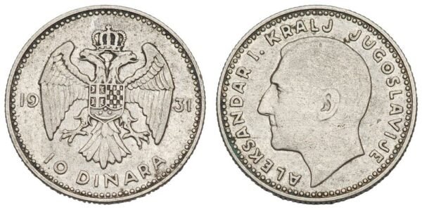 YUGOSLAVIA 10 dinara 1931 / London mint / Silver / VF