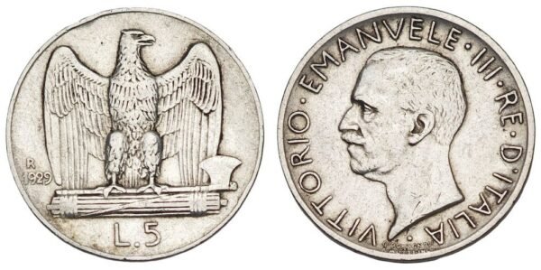 ITALY 5 lire 1929 / Silver / VF