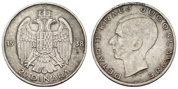 YUGOSLAVIA 20 dinara 1938 / Position A / Silver / VF
