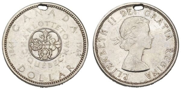 CANADA 1 dollar 1964 / Charlottetown Quebec / Silver / holed / VG