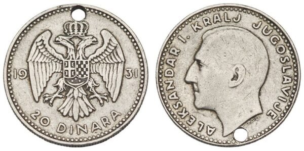 YUGOSLAVIA 20 dinara 1931 / Silver / holed / VG