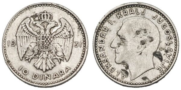 YUGOSLAVIA 10 dinara 1931 / Silver / damaged / VG