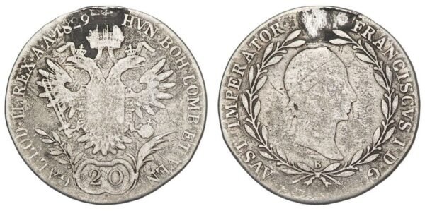 AUSTRIA 20 kreuzer 1809B / Silver / holed / VG