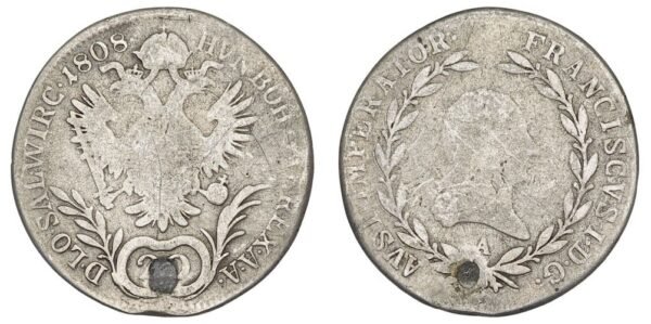 AUSTRIA 20 kreuzer 1808A / Silver / holed / VG