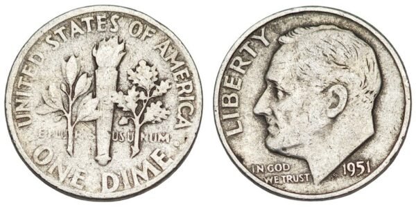 UNITED STATES OF AMERICA 10 cents 1951D / Roosevelt Dime / Silver / VF