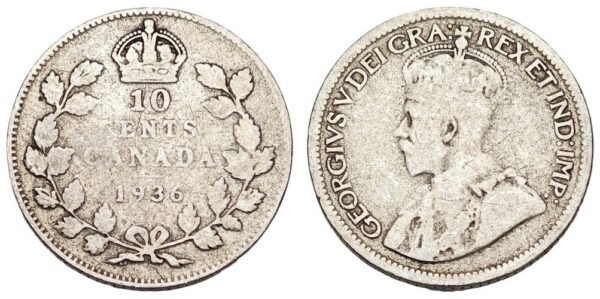 CANADA 10 cents 1936 / Silver / VF-