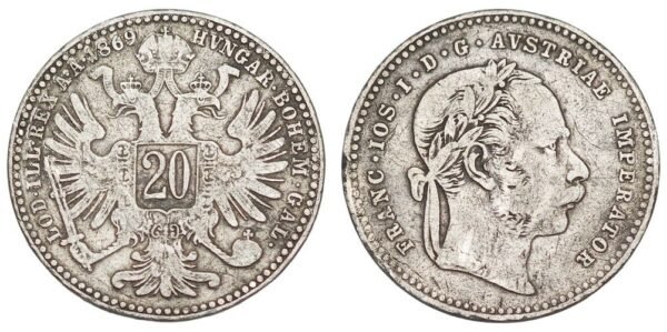 AUSTRIA 20 kreuzer 1869 / Silver / VF-