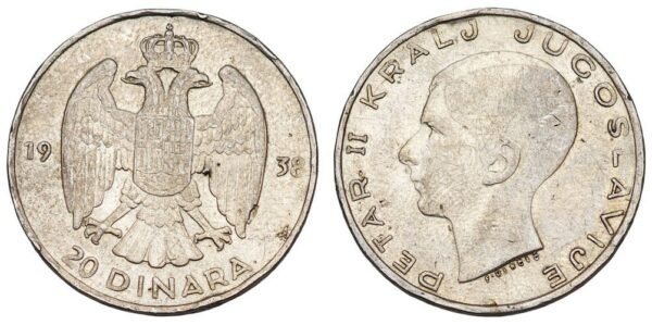 YUGOSLAVIA 20 dinara 1938 / Position B / Silver / VF-