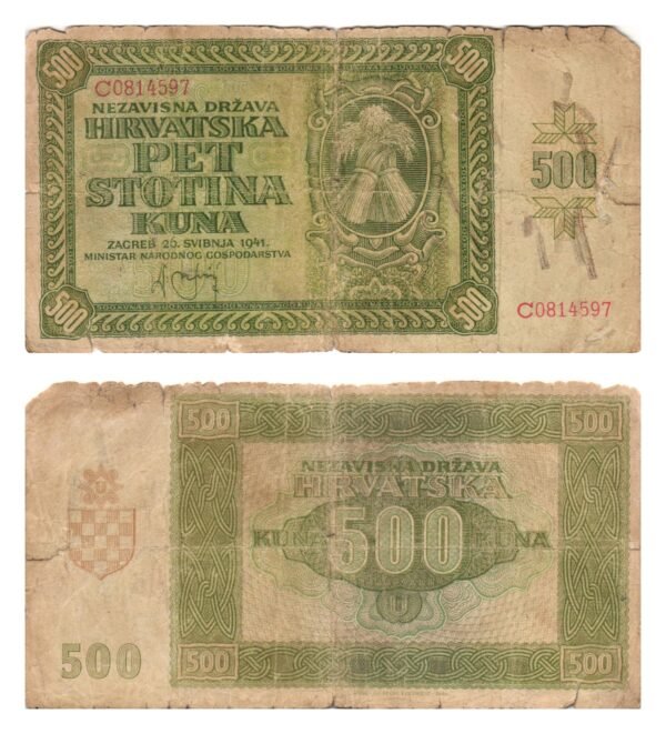 CROATIA 500 kuna 1941 / WWII Ustasa Germany Italy ally / VG