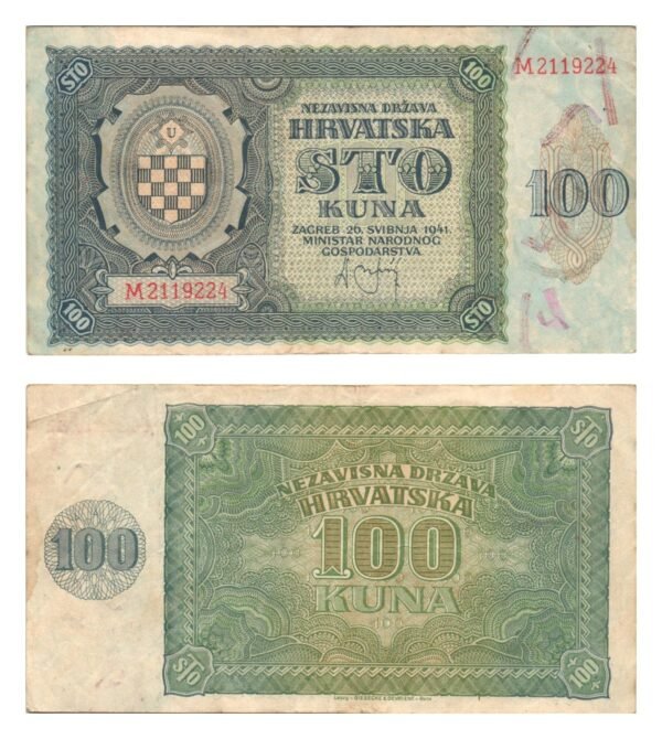 CROATIA 100 kuna 1941 / WWII Ustasa Germany Italy ally / VF