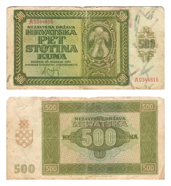 CROATIA 500 kuna 1941 / WWII Ustasa Germany Italy ally / F