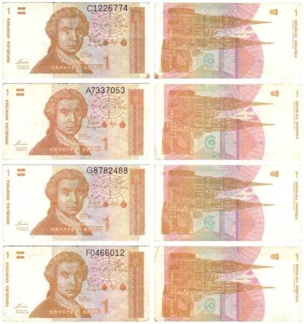 CROATIA 1 hrvatski dinar 1991 banknotes lot / 4 pcs. / various grades