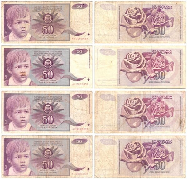 YUGOSLAVIA 50 dinara 1990 banknotes lot / 4 pcs. / lower grades