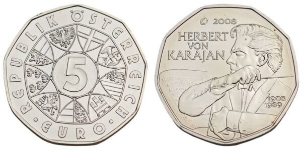 AUSTRIA 5 euro 2008 / Herbert Von Karajan / Silver / UNC